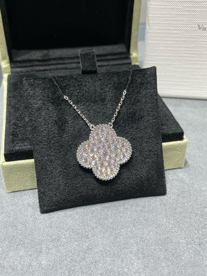 [BIJOUX]CLOVER 25MM LARGE PENDANT DIAMOND PAVED SILVER NECKLACE