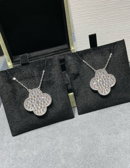 [BIJOUX]CLOVER 25MM LARGE PENDANT DIAMOND PAVED SILVER NECKLACE