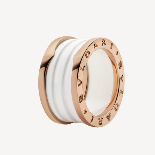 [BIJOUX]ZERO 1 BAGUE OR ROSE À QUATRE BANDES ET SPIRALE EN CÉRAMIQUE BLANCHE