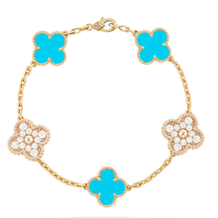 [BIJOUX]CLOVER 5 MOTIF TURQUOISE DIAMOND GOLD BRACELET