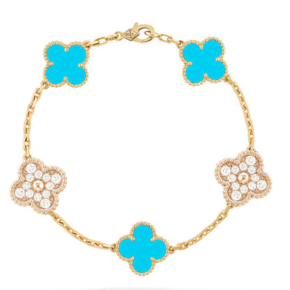 [BIJOUX]CLOVER 5 MOTIF TURQUOISE DIAMOND GOLD BRACELET