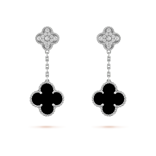 [BIJOUX]CLOVER 2 MOTIFS  DIAMOND ONYX EARRINGS SILVER