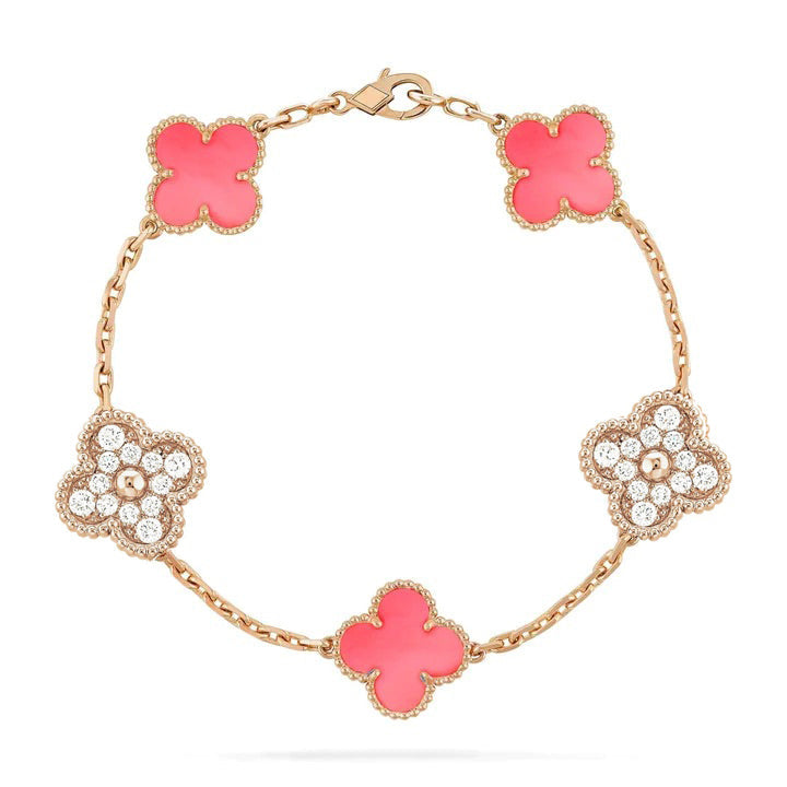 [BIJOUX]CLOVER 5 MOTIF DIAMOND PINK MOP PINK GOLD BRACELET