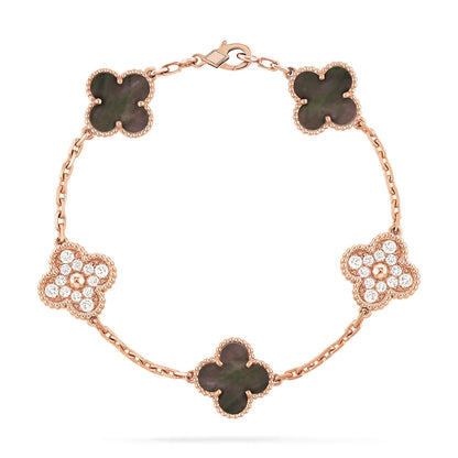 [BIJOUX]CLOVER 5 MOTIFS DARK MOP AND DIAMONDS PINK GOLD BRACELET