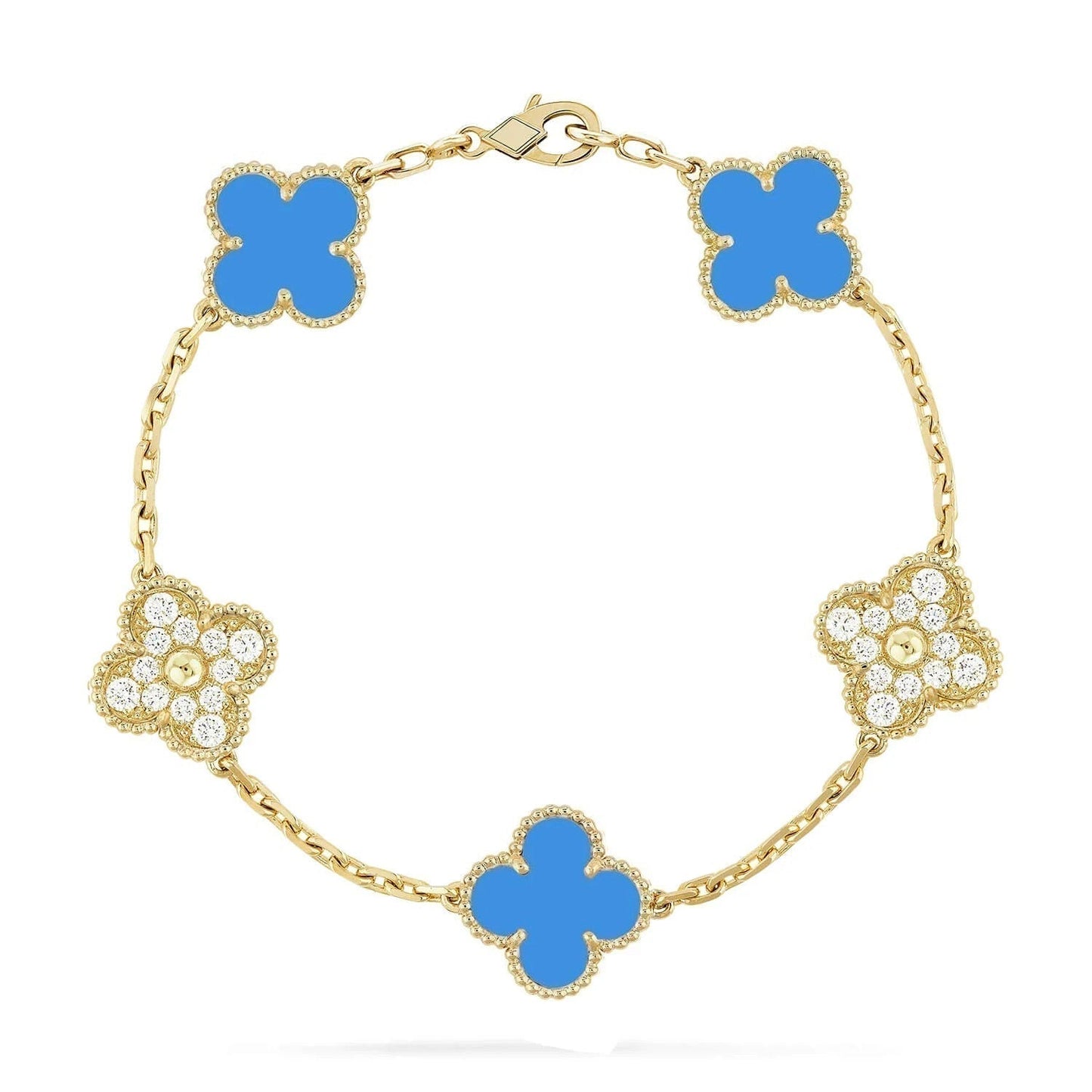 [BIJOUX]CLOVER 5 MOTIF BLUE CHALCEDONY DIAMOND GOLD BRACELET