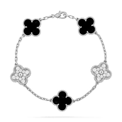 [BIJOUX]CLOVER 5 MOTIF ONYXS DIAMOND BRACELET SILVER