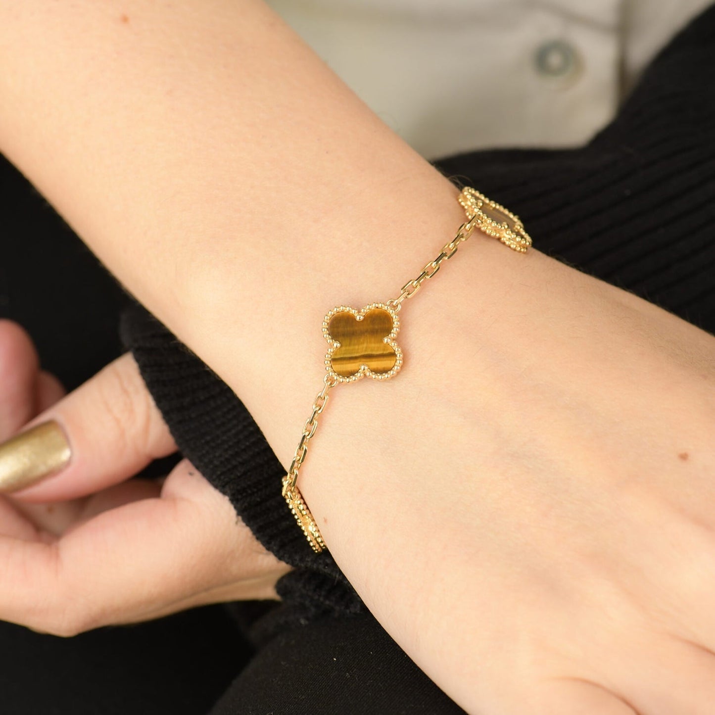 [BIJOUX]CLOVER  5 MOTIFS TIGER EYE BRACELET