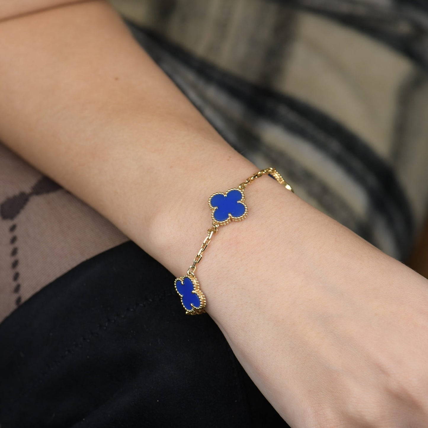 [BIJOUX]CLOVER 5 MOTIFS BLUE AGATE BRACELET