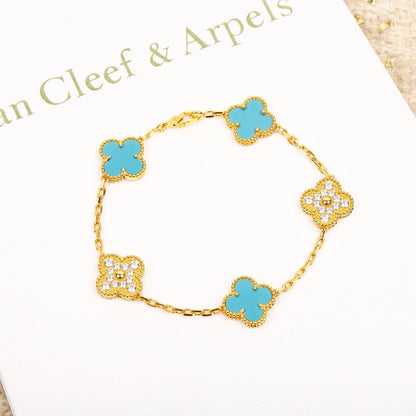 [BIJOUX]CLOVER 5 MOTIF TURQUOISE DIAMOND GOLD BRACELET