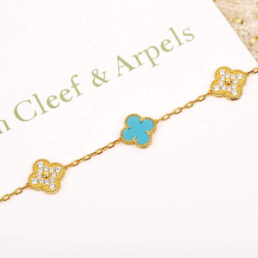 [BIJOUX]CLOVER 5 MOTIF TURQUOISE DIAMOND GOLD BRACELET