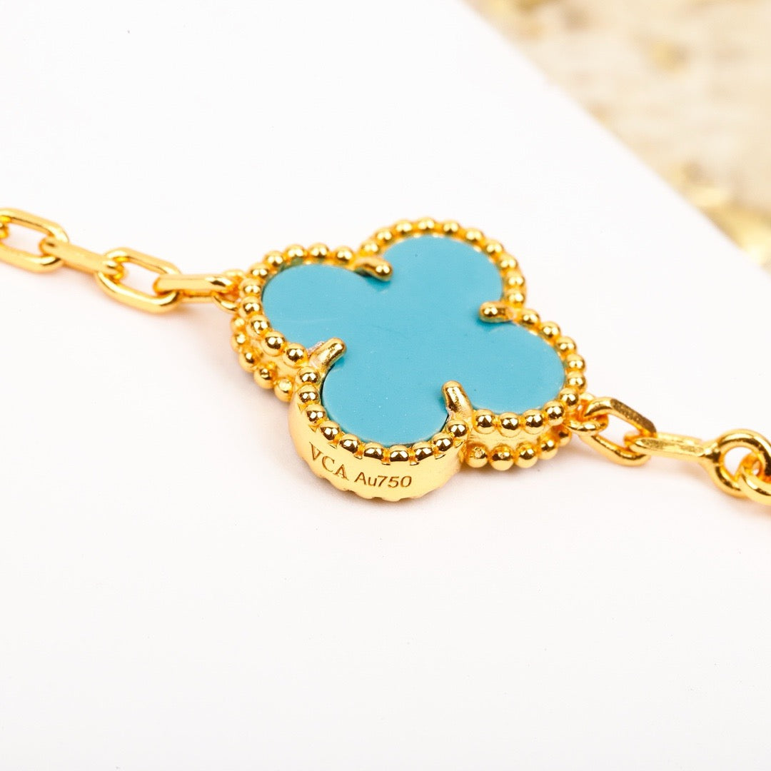 [BIJOUX]CLOVER 5 MOTIF TURQUOISE DIAMOND GOLD BRACELET