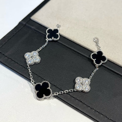 [BIJOUX]CLOVER 5 MOTIF ONYXS DIAMOND BRACELET SILVER