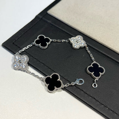 [BIJOUX]CLOVER 5 MOTIF ONYXS DIAMOND BRACELET SILVER