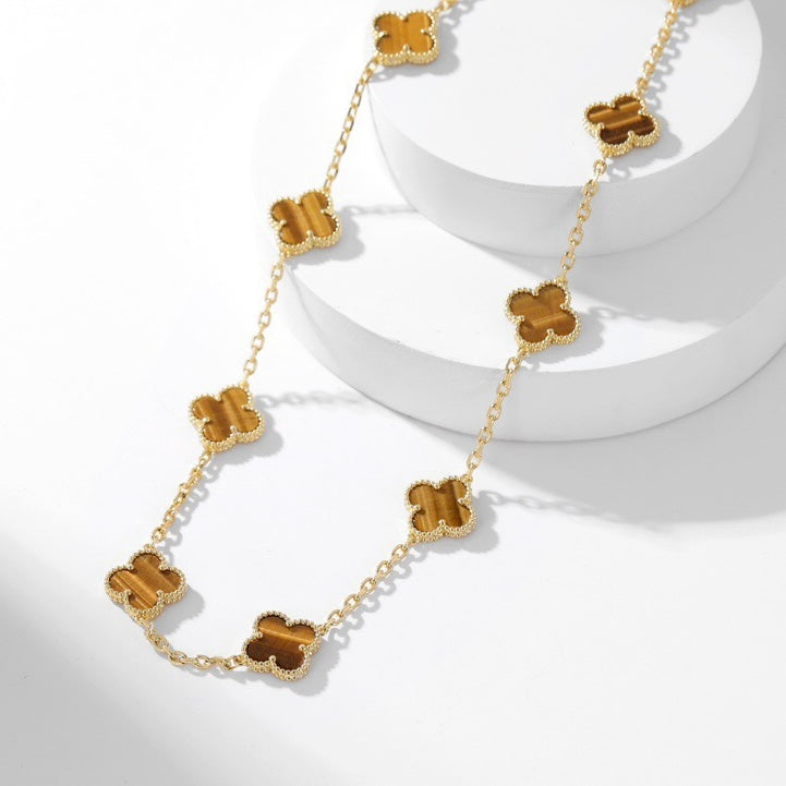 [BIJOUX]CLOVER 10 MOTIFS TIGER EYE NECKLACE