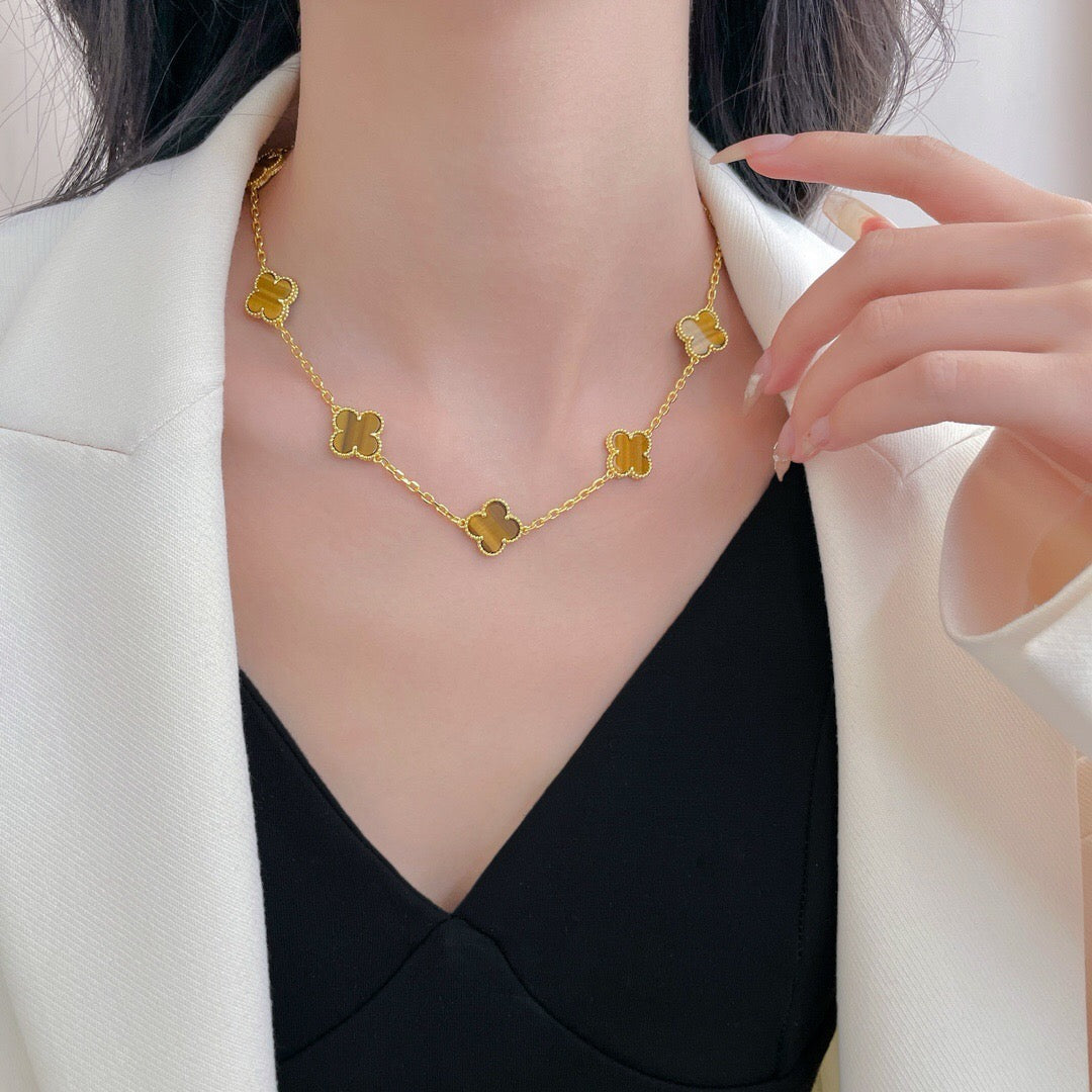 [BIJOUX]CLOVER 10 MOTIFS TIGER EYE NECKLACE