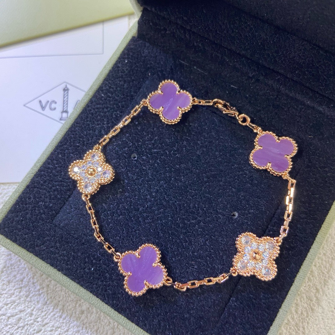 [BIJOUX]CLOVER  5 MOTIFS  PURPLE VIOLET DIAMOND BRACELET