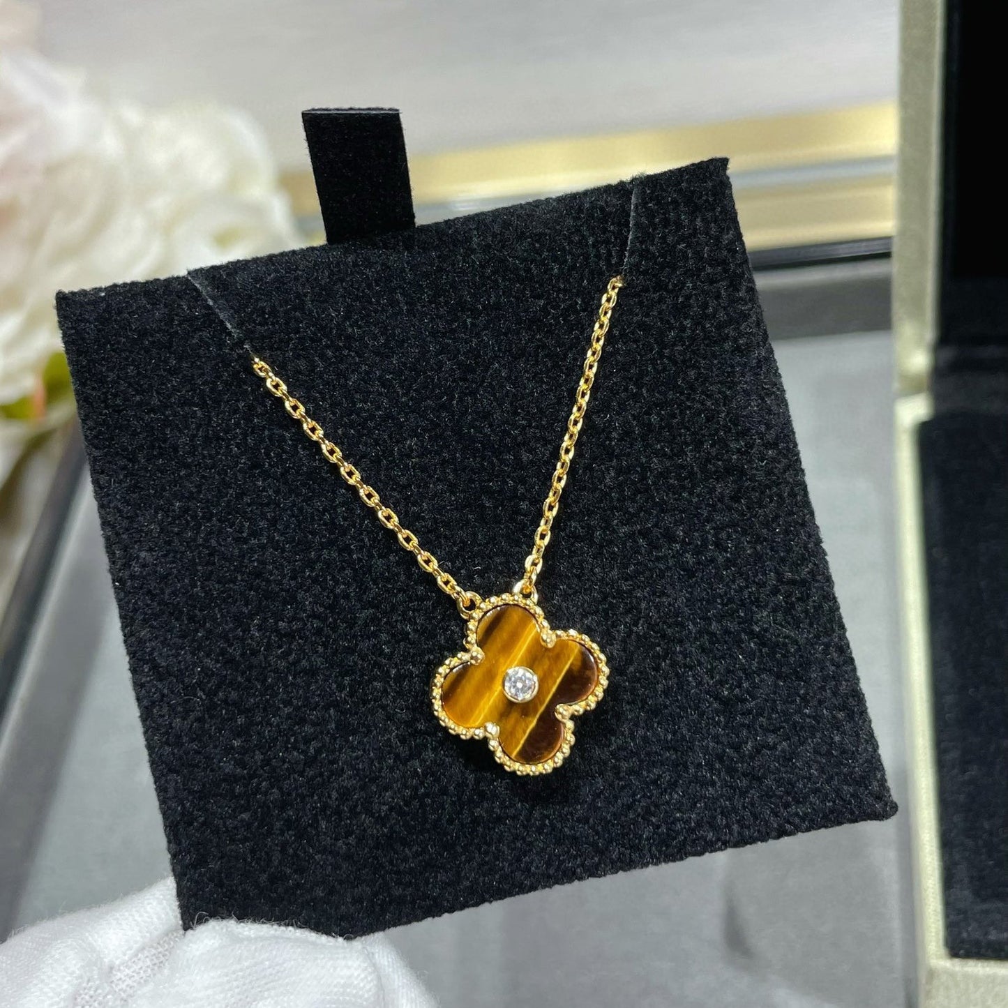 [BIJOUX]CLOVER 15MM DIAMOND AND YELLOW TIGER'S EYE AGATE necklace