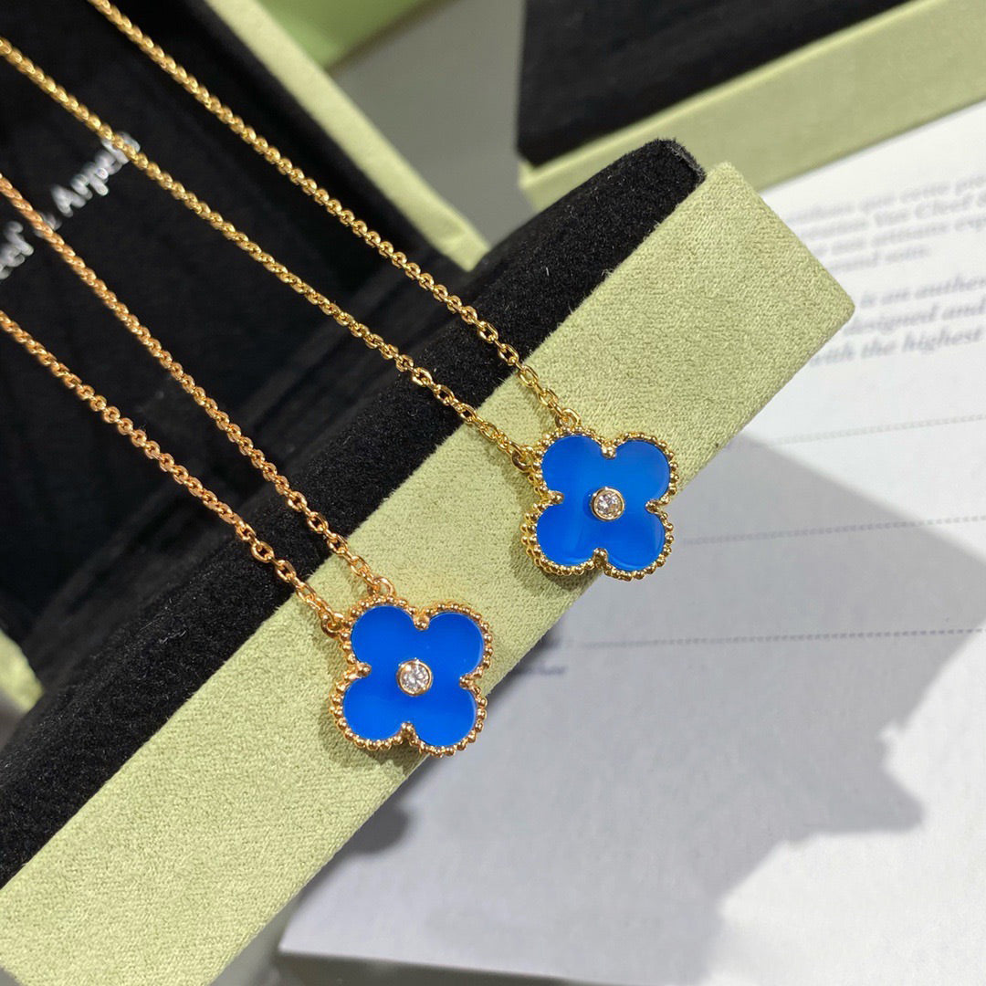 [BIJOUX]CLOVER 15MM DIAMOND AND BLUE AGATE NECKLACE