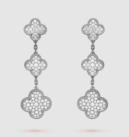 [BIJOUX]CLOVER 3 MOTIF DIAMOND SILVER DROP EARRINGS