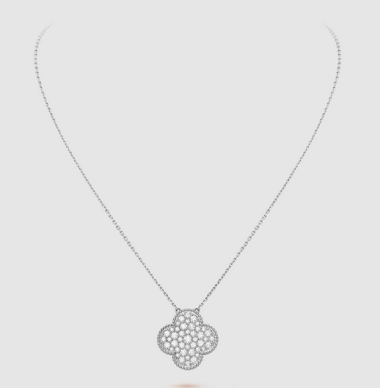 [BIJOUX]CLOVER 25MM LARGE PENDANT DIAMOND PAVED SILVER NECKLACE