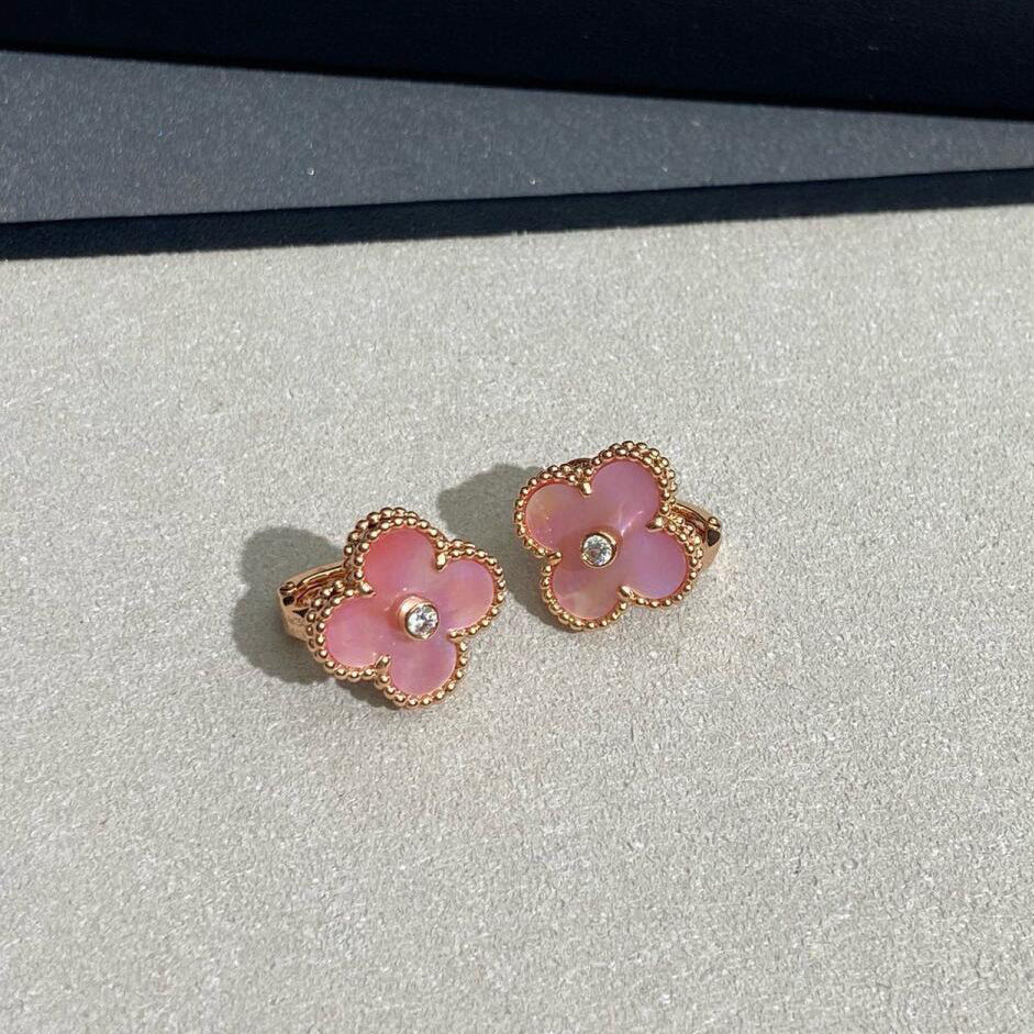 [BIJOUX]CLOVER MEDIUM 1 DIAMOND PINK EARRINGS