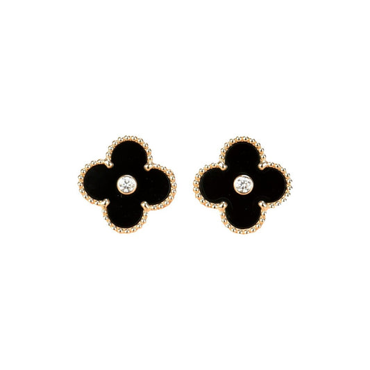 [BIJOUX]CLOVER MEDIUM 1 MOTIFS ONYX DIAMOND EARRINGS