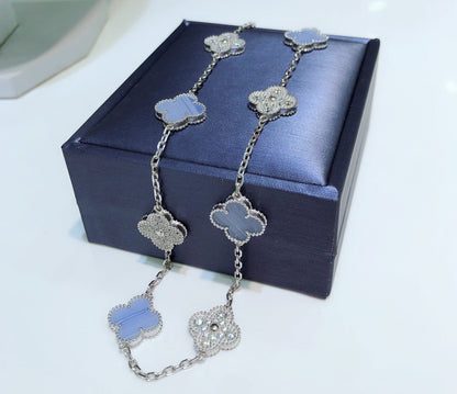 [BIJOUX]CLOVER 10 MOTIFS CHALCEDONY DIAMONDS SILVER NECKLACE