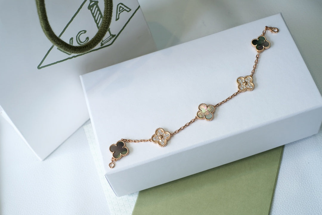 [BIJOUX]CLOVER 5 MOTIFS DARK MOP AND DIAMONDS PINK GOLD BRACELET