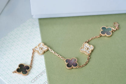 [BIJOUX]CLOVER 5 MOTIFS DARK MOP AND DIAMONDS PINK GOLD BRACELET