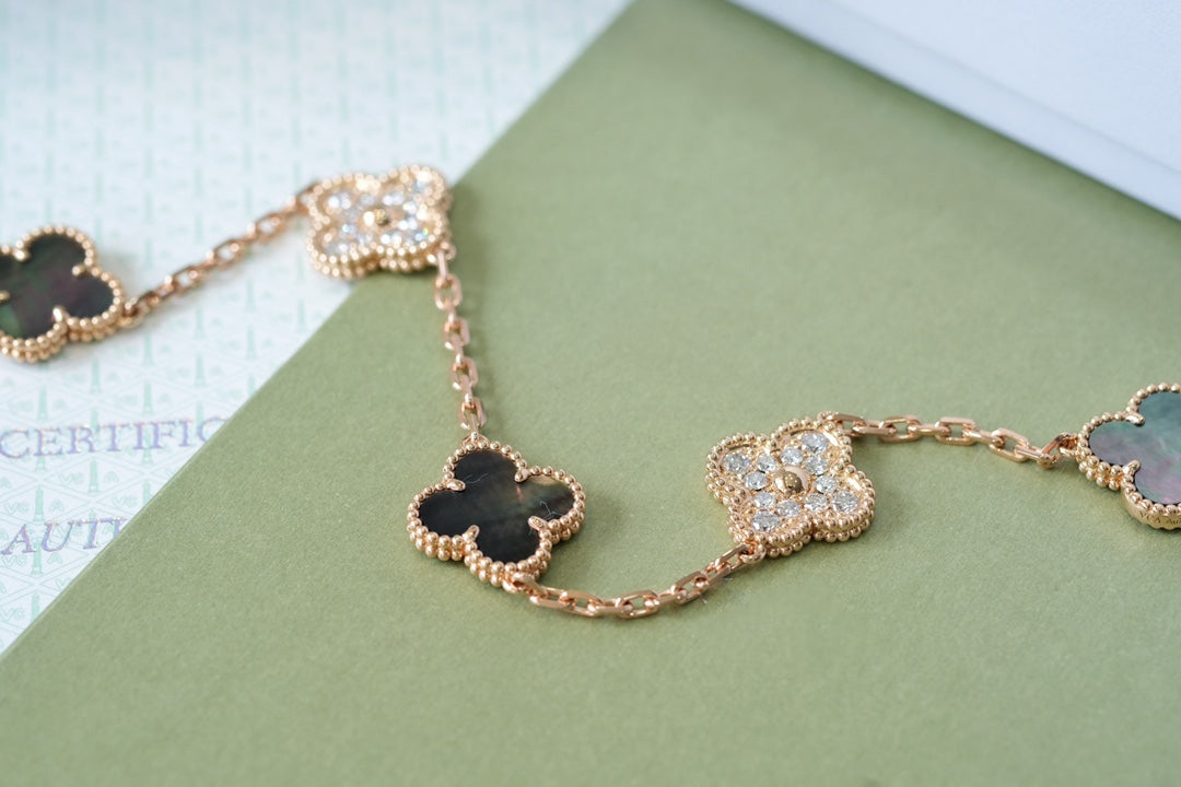 [BIJOUX]CLOVER 5 MOTIFS DARK MOP AND DIAMONDS PINK GOLD BRACELET