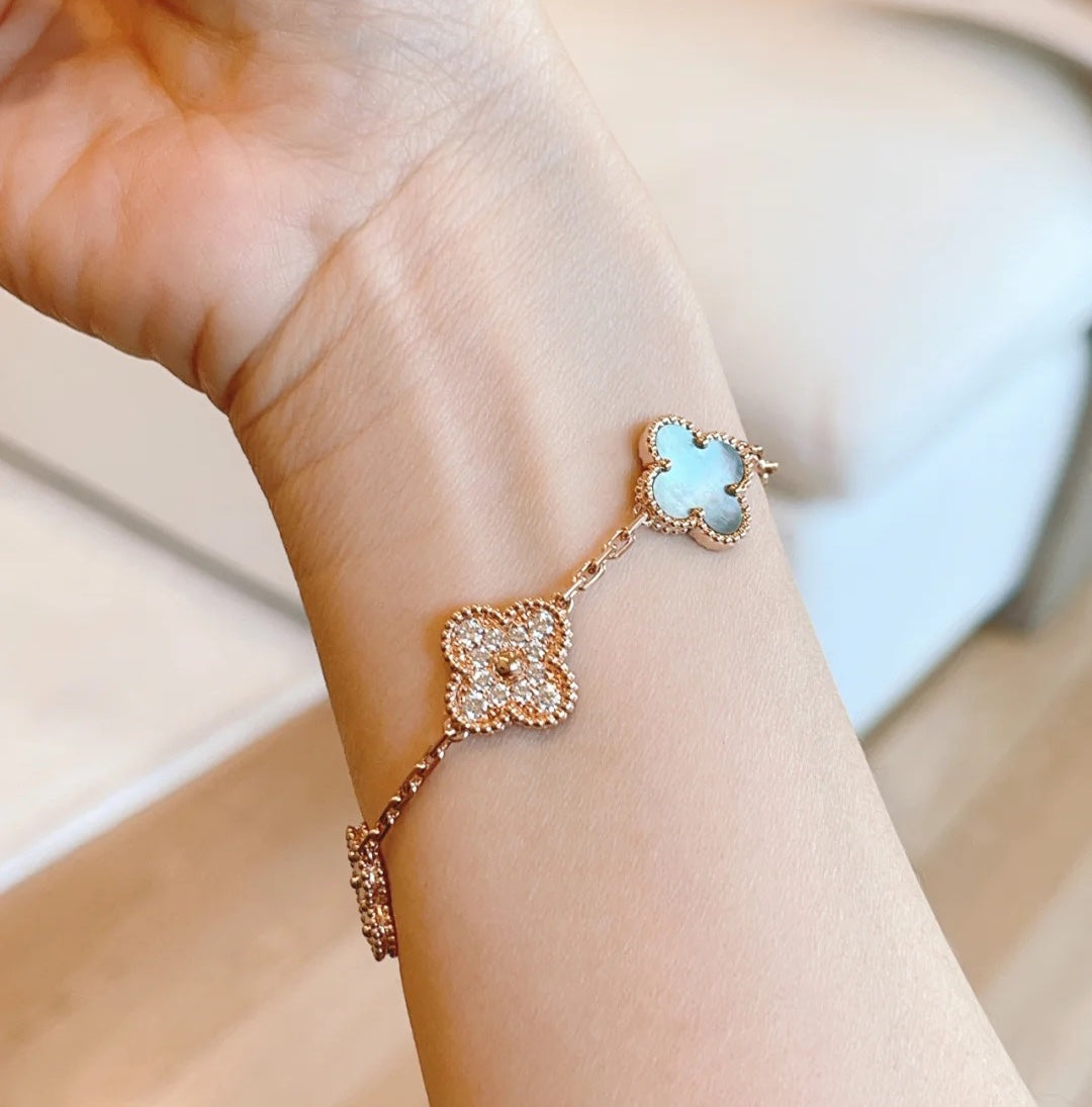 [BIJOUX]CLOVER 5 MOTIFS DARK MOP AND DIAMONDS PINK GOLD BRACELET